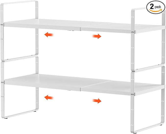 2Pack 16.5-27ââL Expandable Kitchen Shelf Organizer, Stackable Shelves Organizer, Adjustable Height Pantry Spice Rack for Cabinet, Countertop, Pantry and Cupboard, White