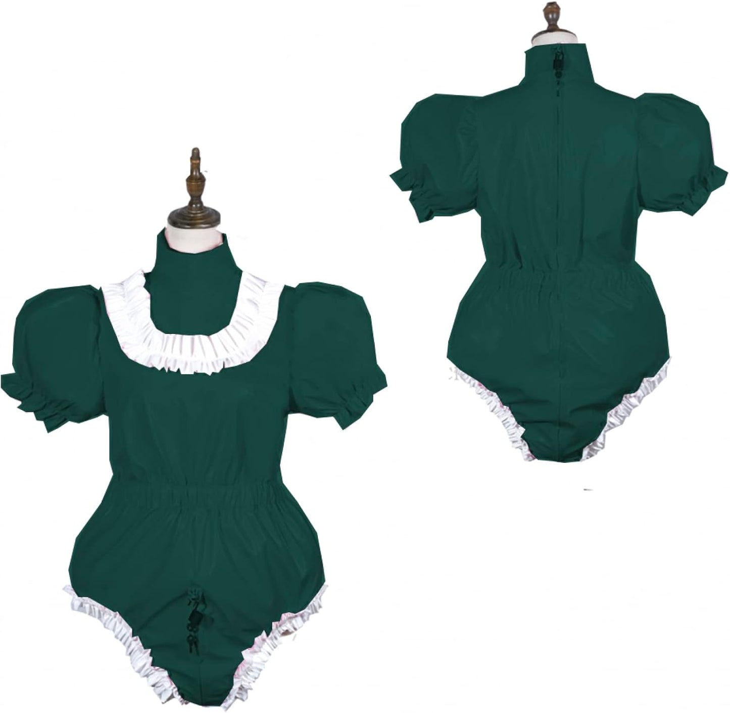 Bodysuit Shiny PVC Short Sleeve Maid Costume Vinyl Maid Dress Lockable Jumpsit Plus Size,Dark Green,L
