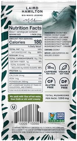 Laird Superfood Instant Latte Matcha, Non-Dairy, Superfood Creamer, Gluten Free, Non-GMO, Vegan, 15pk Sachets