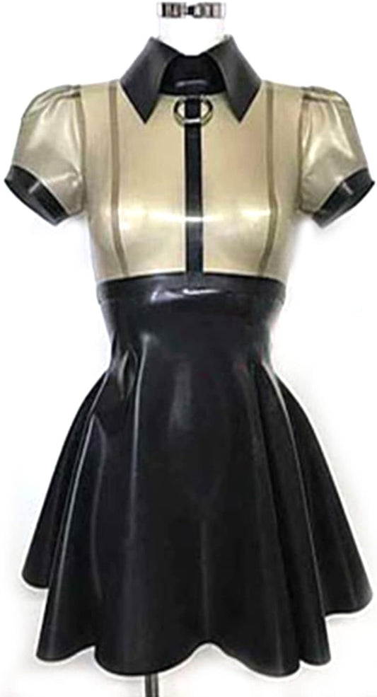 Black Splicing Transparent Black Latex Dress Back Zipper Translucent Pleated Skirt Club Party Wear