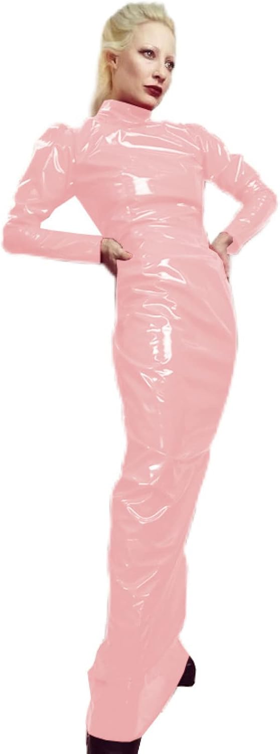 Wetlook PVC Dress Latex Faux Leather Tight Dress Turtleneck Long Sleeve Slim Bodycon Dress,Lotus,Custom Made