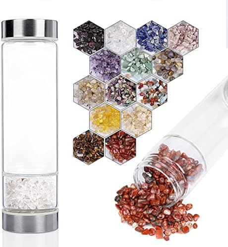 Natural Crystal Water Bottle Reusable Gem Glass Water Bottle for Making Natural Quartz Crystal Elixir Infused Gemwater Bottle Crystal Point Energy Water Bottle 550Ml (Color : Pink Crystal)