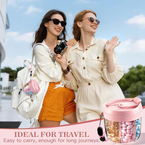 Pill Organizer,Travel Essentials Pill Container, Travel Pill Dispenser with Pink Lid，Pill Case Having 7 Large Compartments,Travel Containers for Cruise Essentials 2026
