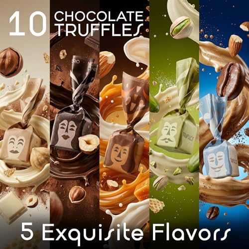 TartufLanghe Trifulot Assorted Chocolate Truffles - 10 Italian Pralines Variety Box with Milk, White, & Dark Chocolate, Piedmont Hazelnuts, Pistachio, Cappuccino and Salted Caramel - 5.11 oz