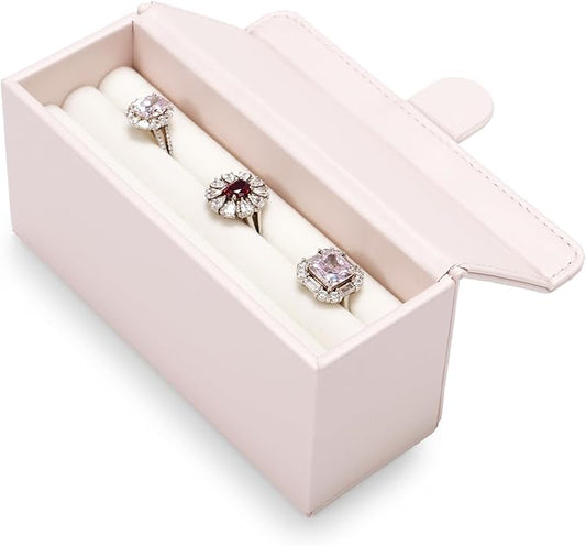 Oirlv Travel Rings Organizer Case in Blush Pink, Premium Leather & Soft Velvet Portable Jewelry Box, Secure Compact Holder for Womenâs Travel, Gym & Daily Organization (Holds 6-8 Rings)