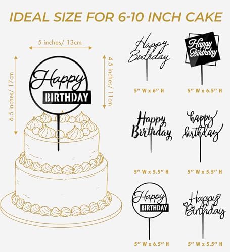 6 Pcs Black Happy Birthday Cake Toppers Set, 5" x 6.5" Acrylic Cake Decoration for Birthday Party