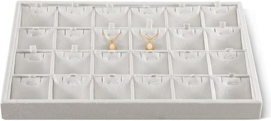 Velvet Necklace Display Tray, Stackable 24 Grid Insert Pendant Necklaces Storage Holder Plate, Jewelry Retail Countertop Organizer (White)