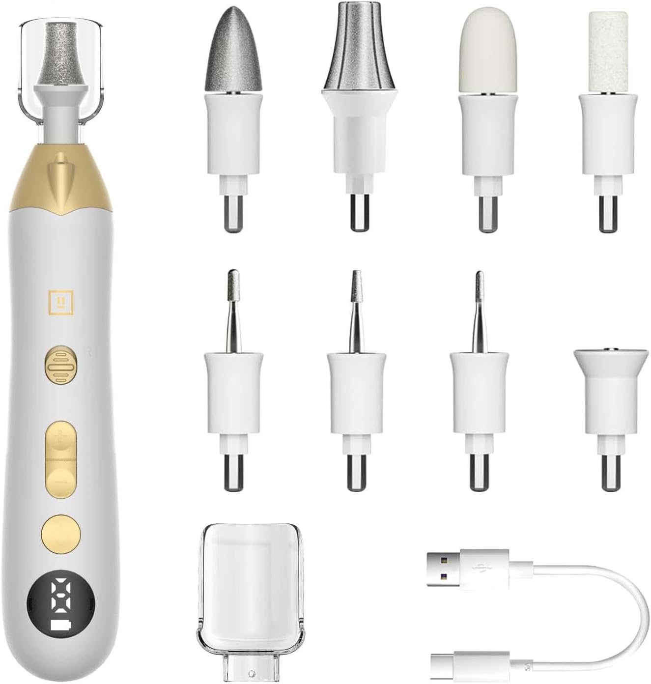 Mfish Electric Callus Remover for Feet, Rechargeable Foot File with Digital Display, 9 Speeds & 8 Grinding Heads, Professional Pedicure Tool for Thick Calluses, Cracked Heels & Hard Skin White