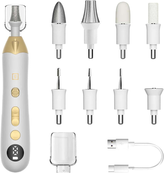 Mfish Electric Callus Remover for Feet, Rechargeable Foot File with Digital Display, 9 Speeds & 8 Grinding Heads, Professional Pedicure Tool for Thick Calluses, Cracked Heels & Hard Skin White