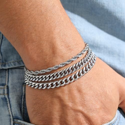 Stainless Steel Bracelets for Men, Gold/Silver Mens Chain Bracelet 7.5/8.3/9 Inches Mens Stainless Steel Cuban Link Bracelets Set 3Pcs (Include Card)