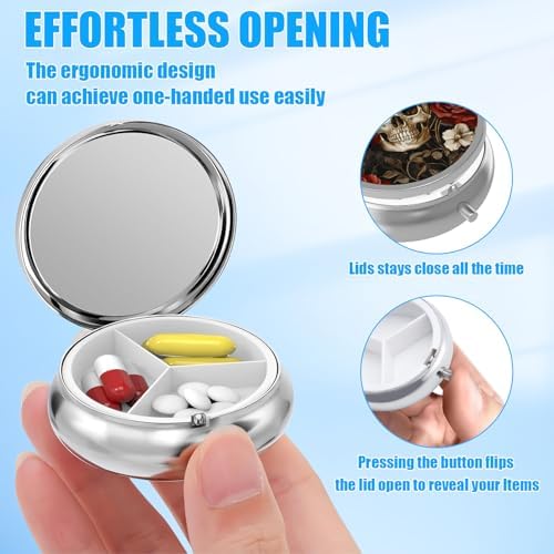 Skull Rose Pill Case, Halloween Pill Box 3 Compartments Metal Small Pill Holder with Mirror Mini Travel Pill Container for Purse Pocket Women Men