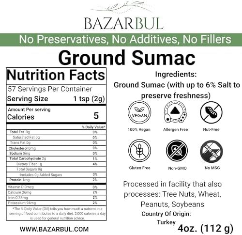 BAZARBUL Pure Sumac Spice Powder, 100% Authentic Turkish Seasoning, Non-GMO, No Salt Added, Organic, 4 oz Resealable Bag