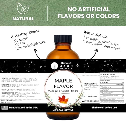 Maple Extract for Baking, Ice Cream, Drinks, and Candy - 2 Oz - Water-Soluble - By Harvest Moon Delights - Maple Flavoring, Maple Flavor
