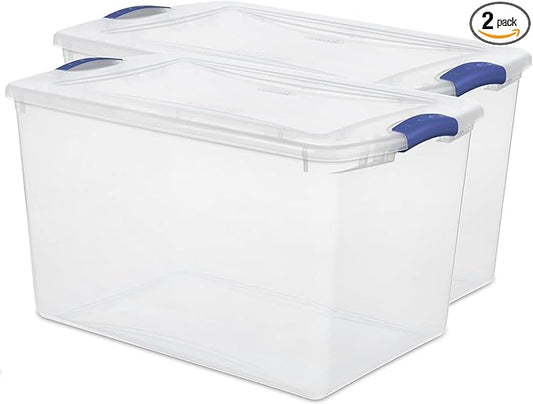2 Pack 66 Quart (62.4L) Heavy-Large Clear Plastic Storage Bins with Locking Blue Latch Lids â Stackable & Airtight Containers for Garage, Closet & Basement, Ideal for Bulky Items, Clothing