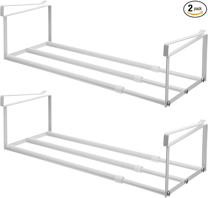 2 Pcs Expandable Shoe Rack Organizer, Hanging Shoe Shelf Under Cabinet Storage Shelf with 3/4 Inch Thick Clips, Retractable Space Saving Rack for Closet Pantry Laundry Room (White, 16.5-31.5 Inch)