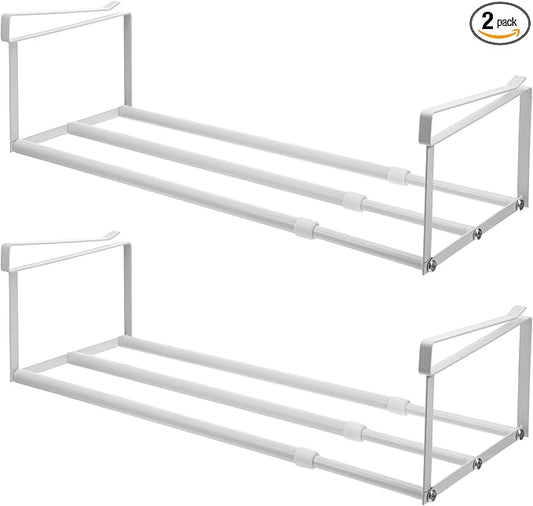 2 Pcs Expandable Shoe Rack Organizer, Hanging Shoe Shelf Under Cabinet Storage Shelf with 3/4 Inch Thick Clips, Retractable Space Saving Rack for Closet Pantry Laundry Room (White, 16.5-31.5 Inch)