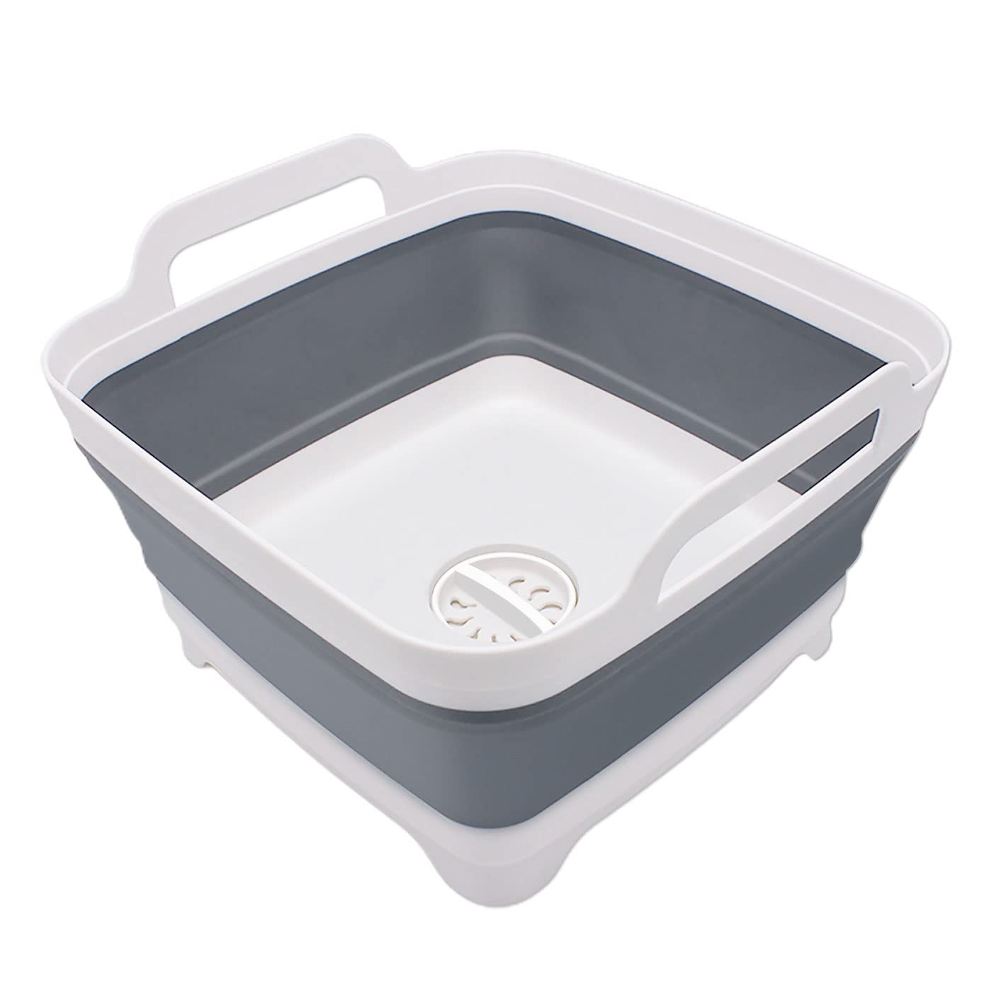 2.4 Gal(9L) Collapsible Dish Basin with Drain Plug, Space Saving Outdoor Multiuse Foldable Sink Tub, Dishpan, Kitchen Storage Tray for Camping, Vegetable Washing, RV (Gray)