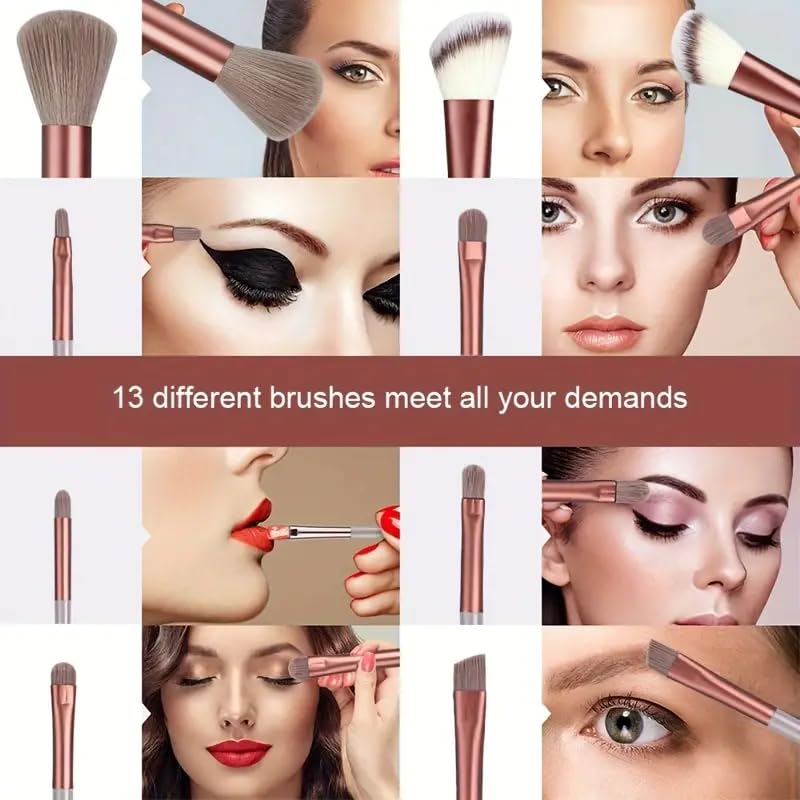Foundation Makeup Brush Set Kit | 13 Pcs Premium Synthetic Kabuki Eye Shadows Make Up Brushes + 1 Sponge + 1 Brush Bag for Travel and Home Use (PINK)