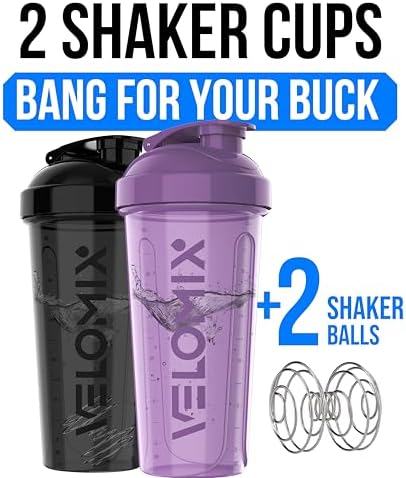 VELOMIX -2 Pack- 28 oz Protein Shaker Bottles for Protein Mixes - 2x Wire Whisk | Leak Proof Shaker Cups for Protein Shakes and Pre Workout | Protein Shaker Bottle Pack (Purple/Black)