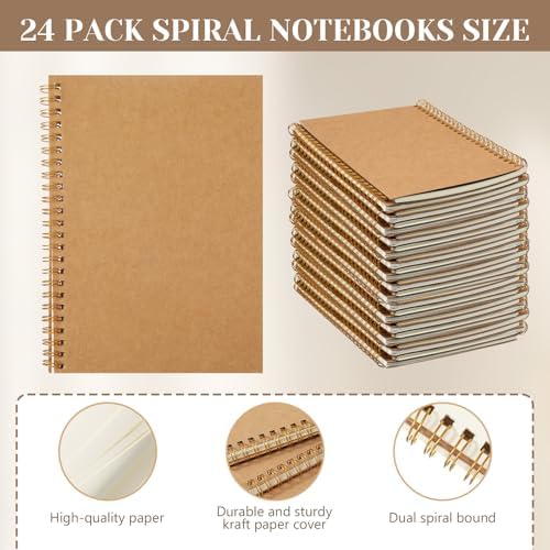 SHENLIU 24 Pack Blank Spiral Notebook, A5 Unlined Spiral Notebook, 100 Pages/ 50 Sheets Journal Sketch Books 8.3"x 5.5" Soft Cover Kraft Diary Planner for School Travel Office (Brown)
