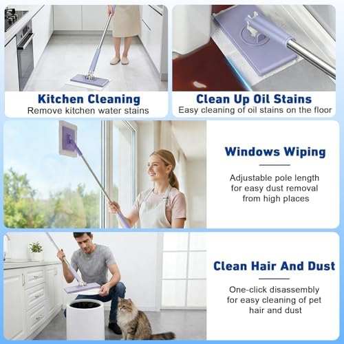 Hands Free Flat Mop,Cloth Changing Mini Mop,27inch Long Handle Mopping Stick,360° Swivel Head,Dry and Wet Use,Ideal for Tight Corners,Tile and Hardwood(White,6 Cloth)