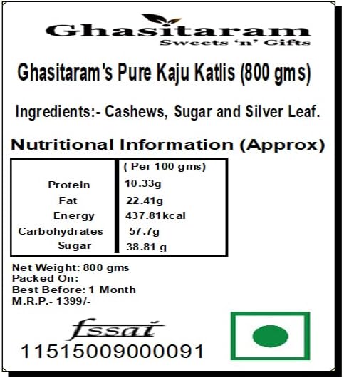 Ghasitaram Gifts Bhaidooj Gifts Sweets - Pure Kaju Katlis Box 800 GMS