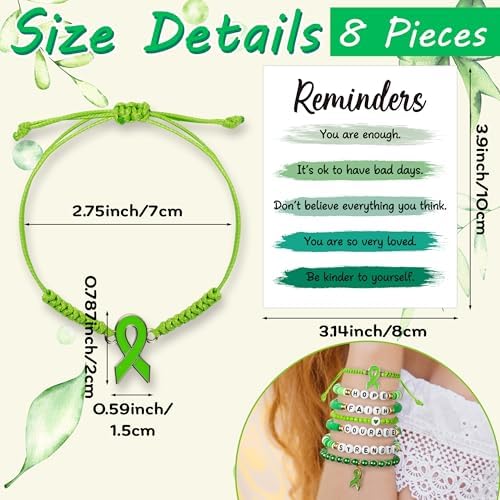 Y1tvei Mental Health Awareness Bracelets - 8Pcs Green Ribbon Faith Hope Clay Bead Bracelet with Reminder Card Gifts, Motivational Stackable Clay Beaded Stretch Friendship Jewelry Accessory for Women