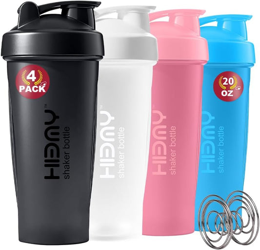 [ 4 Pack 600 ml | 20 oz Protein Shaker Bottles for Protein Mixes, 4 x Whisk Ball | Shaker Cups for Protein Shakes | BPA Free, 100% Leak Proof | Shake Bottle (A) Black/White/Pink/Blue