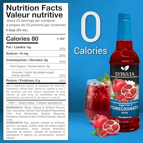 Syruvia Sugar-Free Pomegranate Syrup, Flavored Syrup for Drinks, Cocktails, Lemonades, Iced Teas, and Desserts – 25.4 fl oz, With Pump