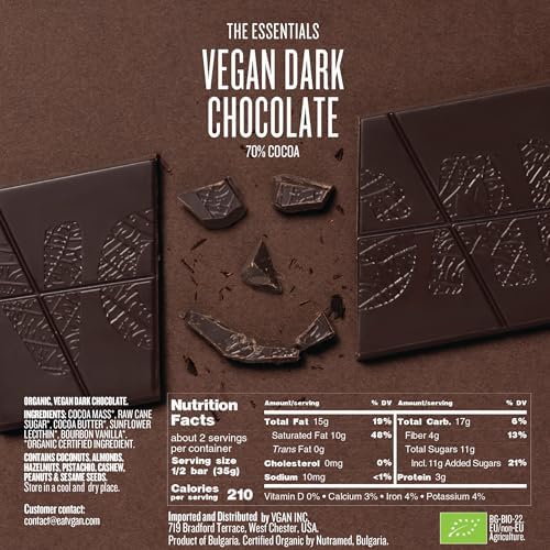 VGAN Vegan Chocolate Bars, Gluten Free Snacks, Plant Based, Soy and Dairy Free, Organic Ingredients, Cruelty Free, Kosher, and Non GMO, Dark Chocolate, 6 Pack