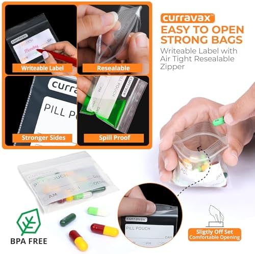 Pill Bags for Travel Pill Pouch Organizer Pack of 400 BPA Free 3 x 2.75 inch Pill Pouches for Medicine Reusable with Write on Label & Waterproof Zipper Seal AM PM Pill Baggies for Vitamins by CURRAVAX