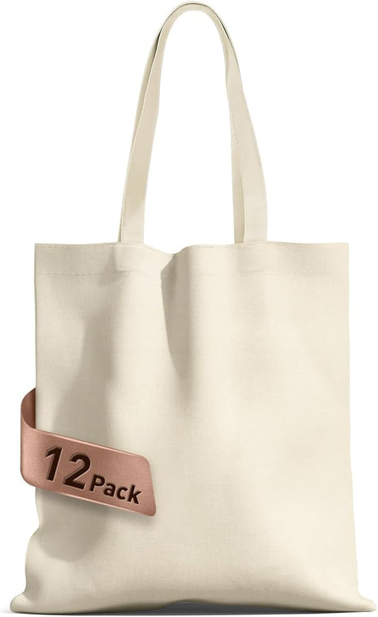 12-Pack Large 14x15 Premium Cotton Canvas Tote Bags,Load 55lbs,Reusable bag made of 6oz of canvas with Handles for Gift-Giving, Beach Trips, Work, DIY Projects, Shopping 12