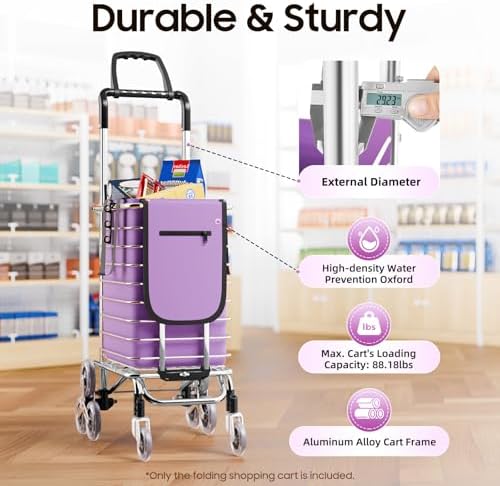35L Folding Shopping Cart, Portable Heavy-Duty Grocery Trolley with 360° Swivel Wheels Stair Climbing Shopping Cart for Groceries Supermarkets Farmers Market Picnics 89 LBS Capacity