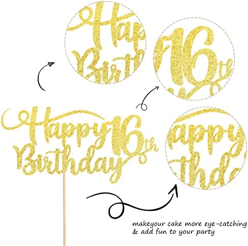 Rsstarxi 1 Pack Happy 16th Birthday Cake Topper Glitter Number 16 Sixteen Years Old Birthday Cake Pick Decoration for 16th Birthday Celebrating Anniversary Party Supplies Gold