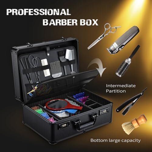 Yueieoun Barber Accessories Case, Profesional Barbers Briefcase Tool Case, Barber Cases for Clippers and Supplies, Hair Scissors Clippers Trimmer Organizer, Barbers Suitcase with Code Lock Black