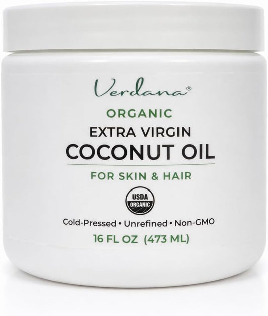 Verdana Organic Coconut Oil for Skin & Hair, Extra Virgin Unrefined Cold Pressed, Rich Moisturizer for Dry Skin & Body, USDA Organic, 16 fl oz Jar