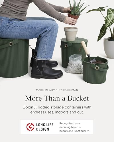 Hachiman Extra Large Bucket - 5.3 Gallon Heavy Duty Bucket with Lid and Handle - Hands-Free Filling - Easy to Stack and Store - Indoor Outdoor Use - 13.3" x 13" - Garden Green