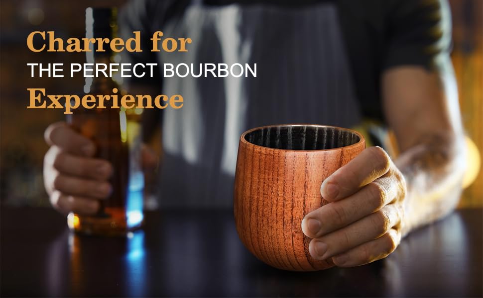 Charred Wooden Bourbon Drinking Glass, Bourbon Gifts for Men – 10oz Wooden Old Fashioned Glasses Set Whiskey Tumbler | Birthday Whiskey Gifts for Men, Dad or Brother Original Bourbon Tumbler (2 Pack)