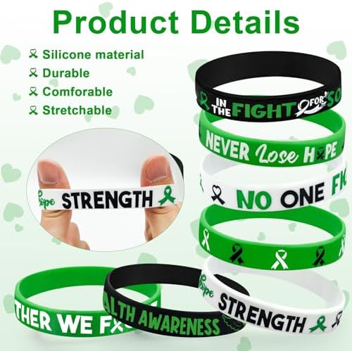 Cinrobiye 30 Pcs Mental Health Awareness Silicone Bracelets, Green Ribbon Wristbands with Faith, Courage, Hope, Strength for Men Women, Mental Health Month Gifts, Fundraisers, Party Favors, Stocking Stuffers