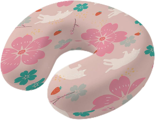 Pink Cherry Flowers Neck Pillow Memory Foam U Shaped Travel Pillow, Cute Cat Vintage Farmhouse Rustic Neck Support Pillows Decorative Headrest Cushion for Airplane Sleeping Car Office