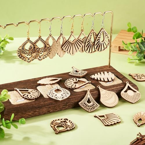 EEE ELECRELIVE 14 Pairs Wooden Dangle Earring Making Kit - Teardrop, Rhombus, Kite, Leaf Shapes - Natural Wood Earring Blanks with Hooks for DIY Craft Jewelry Making