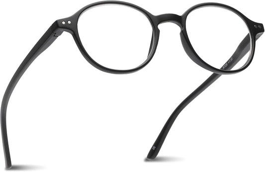 2SeeLife Small Round Reading Glasses for Men & Women – Narrow-Medium Fit, Sturdy Frame, Spring Hinges, Premium Retro Readers, Black, +2.00