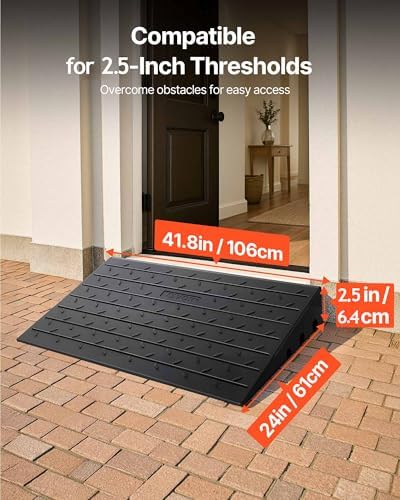 VEVOR 2.5" Rise Rubber Threshold Ramp, 3 Channels Cord Cover Door Ramp, No-Slip Surface, 2200 Lbs Load Capacity Rubber Ramp for for Home Doorways Driveways, 41.8" L x 24" W x 2.5" H, 42lbs