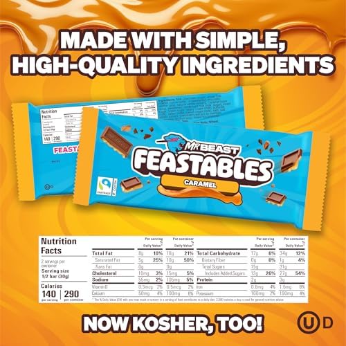 MrBeast Feastables Caramel Chocolate Bar, King Size, 10 Count, Smooth Caramel Filled Chocolate Candy, Fairtrade Cocoa, 2.1oz Each