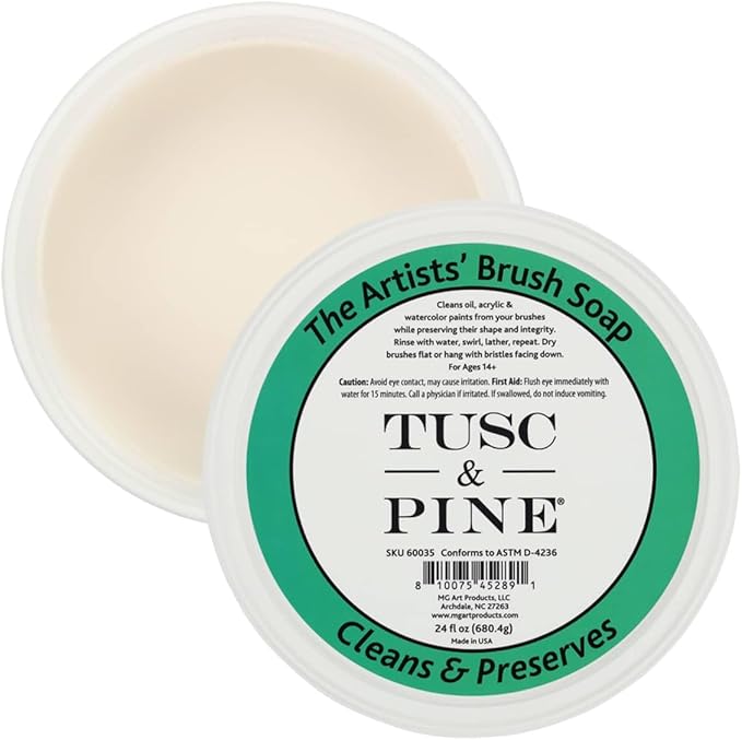 Tusc & Pine The Artists' Brush Soap - 24oz Plant-Based Brush Cleaner, Oil, Acrylic, Watercolor Paint - Nourishes Bristles; Made in North Carolina; Alkali Soap, Gentle Pine Fragrance