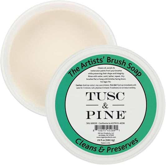 Tusc & Pine The Artists' Brush Soap - 24oz Plant-Based Brush Cleaner, Oil, Acrylic, Watercolor Paint - Nourishes Bristles; Made in North Carolina; Alkali Soap, Gentle Pine Fragrance