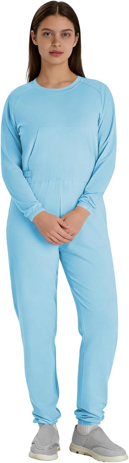 Adaptive Clothing for Women, Anti-Strip Back-Zip Jumpsuit Cotton Romper- Adult Easy Care Onesie for Special Needs