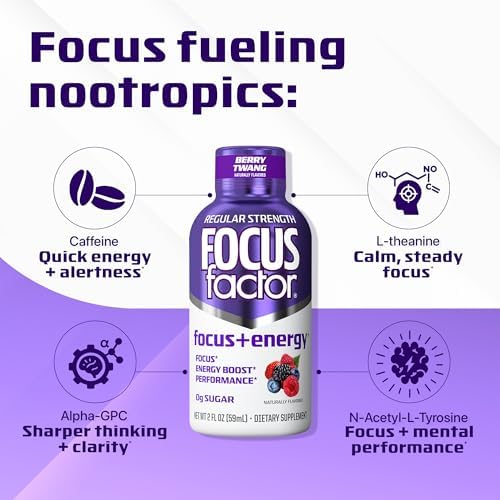 Focus Factor Focus + Energy Shots - 12 x 2oz Bottles (Berry Twang Flavor) - Powered by Nootropics with Caffeine, L-Theanine, Ginkgo, Bacopa, L-Tyrosine, Alpha GPC