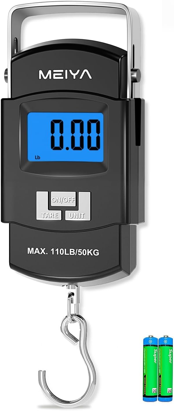 MEIYA Fish Scale 110lb/50kg Digital Fishing Scale with Backlit LCD, Portable Handle, Stainless Steel Hook & 2 AAA Batteries – Reliable Fishing Gear & Great Fishing Gifts for Men