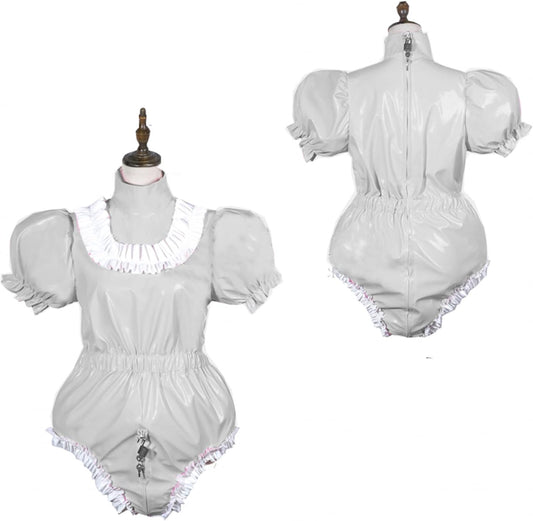 Bodysuit Shiny PVC Short Sleeve Maid Costume Vinyl Maid Dress Lockable Jumpsit Plus Size,Sliver,M